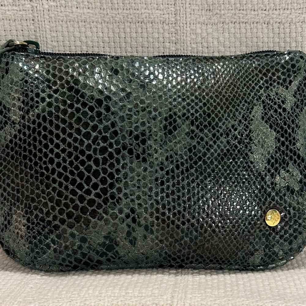 Stephanie Johnson Green & Black Snakeskin Cosmetic Bag with Gold Accent
